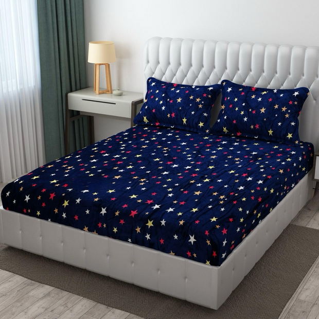 Blue Multi Star Warm Winter Flannel Fitted King Bedsheet