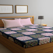Blue Pink Square Elastic Fitted Cotton Blend King Bedsheet