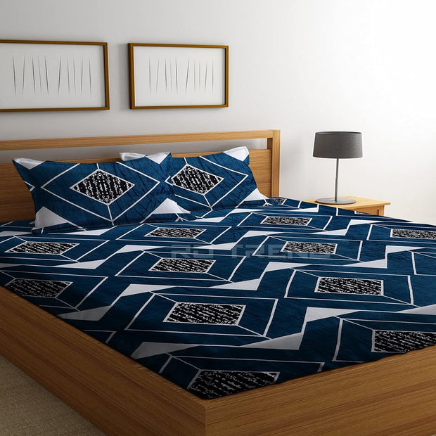 Blue Square Printed Warm Winter Flannel Fitted King Bedsheet