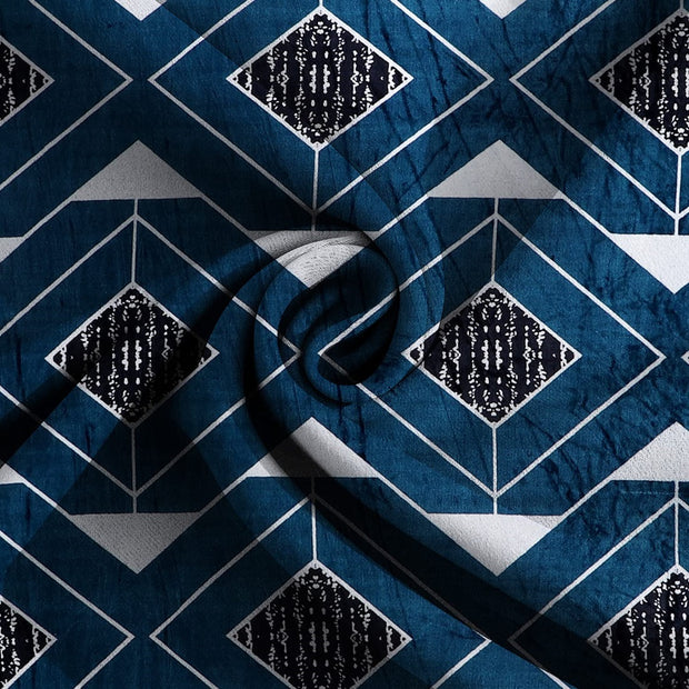 Blue Square Printed Warm Winter Flannel Fitted King Bedsheet