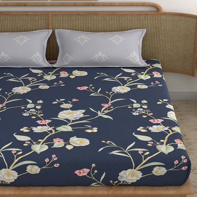 Blue Vine Elastic Fitted Cotton Blend King Bedsheet