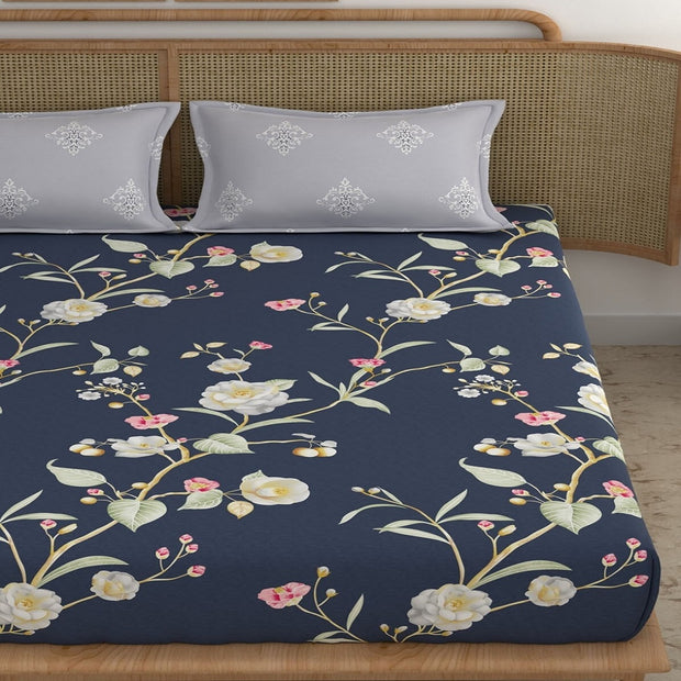 Blue Vine Elastic Fitted Cotton Blend King Bedsheet