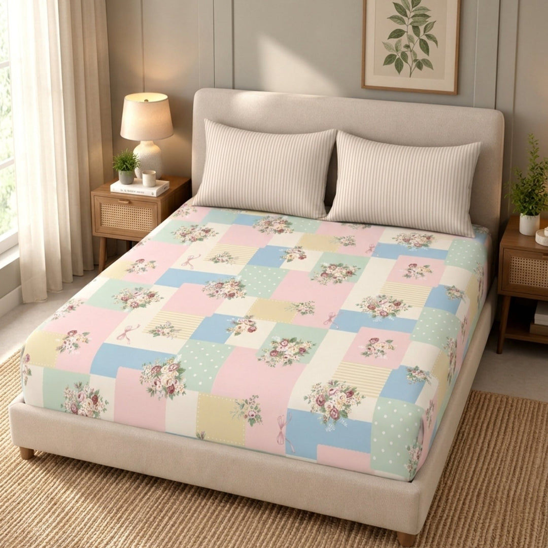 Bloom Patchwork Cotton Blend Super King Bedsheet with 2 Pillow Covers (108x108 inches)