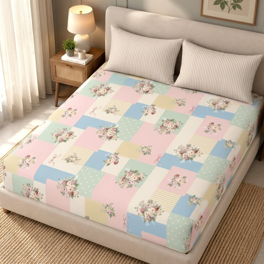 Bloom Patchwork Cotton Blend Super King Bedsheet with 2 Pillow Covers (108x108 inches)