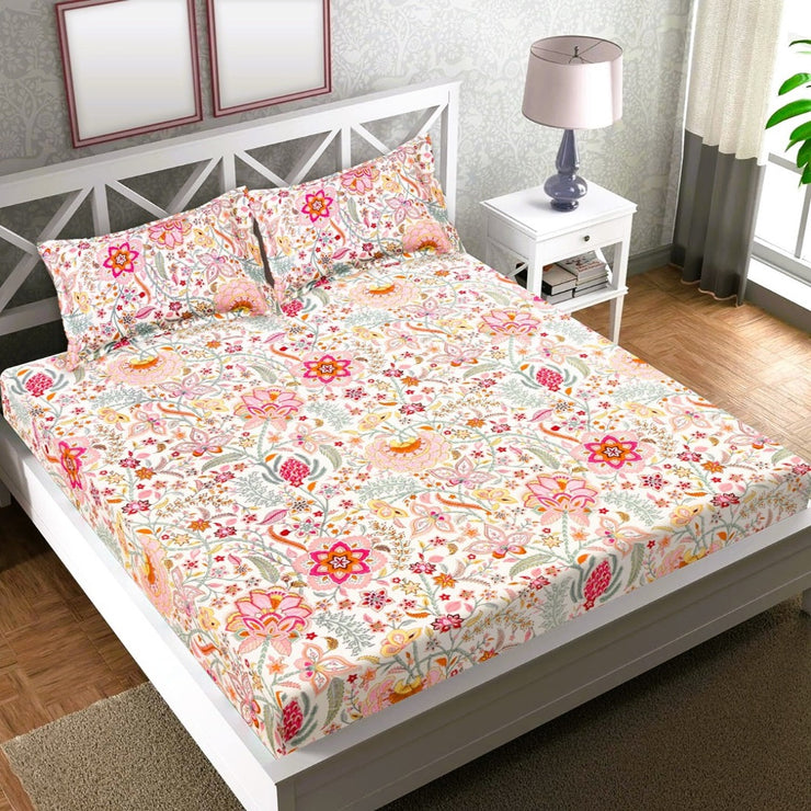 Tropical All Over Printed Cotton Elastic King Size Bedsheet -  Pink Saga