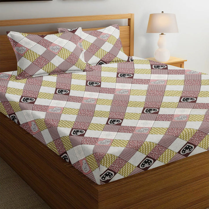 Diamond Checks 210 TC Cotton Blend Elastic Fitted Queen Bedsheet