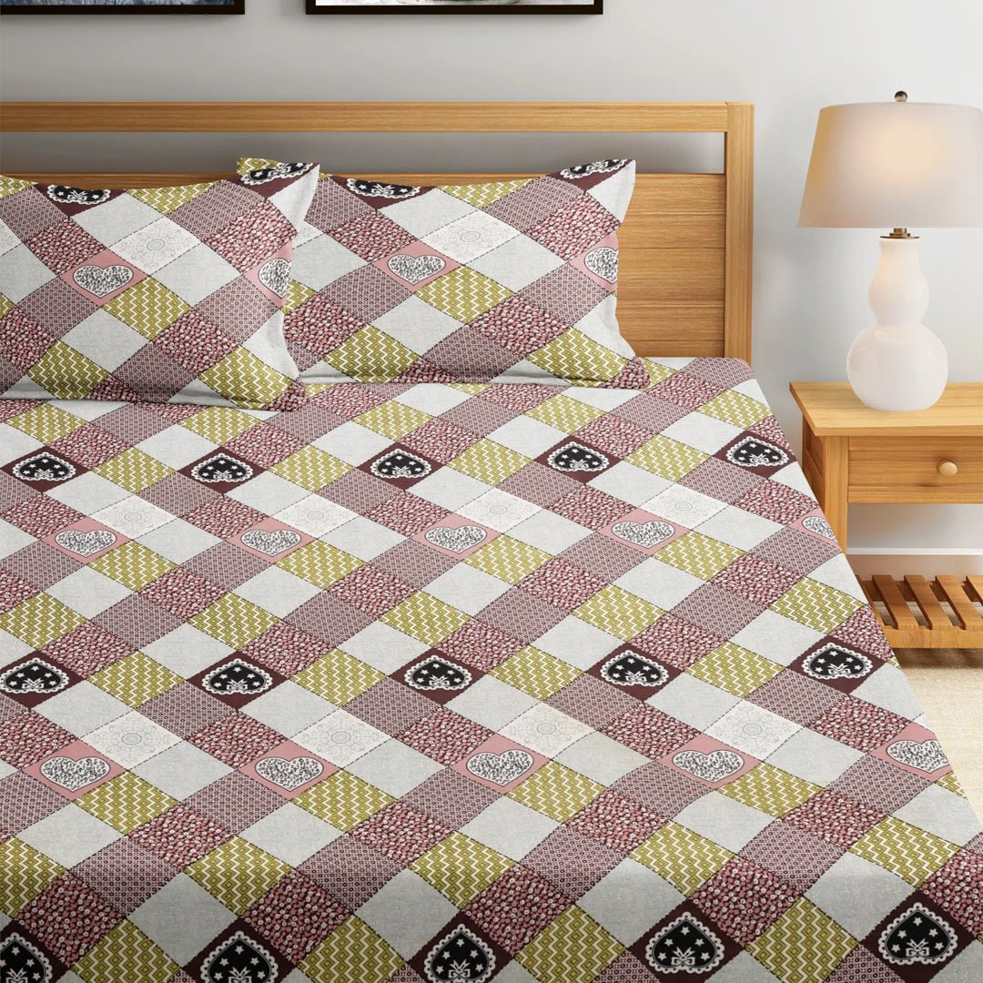 Diamond Checks 210 TC Cotton Blend Elastic Fitted Queen Bedsheet