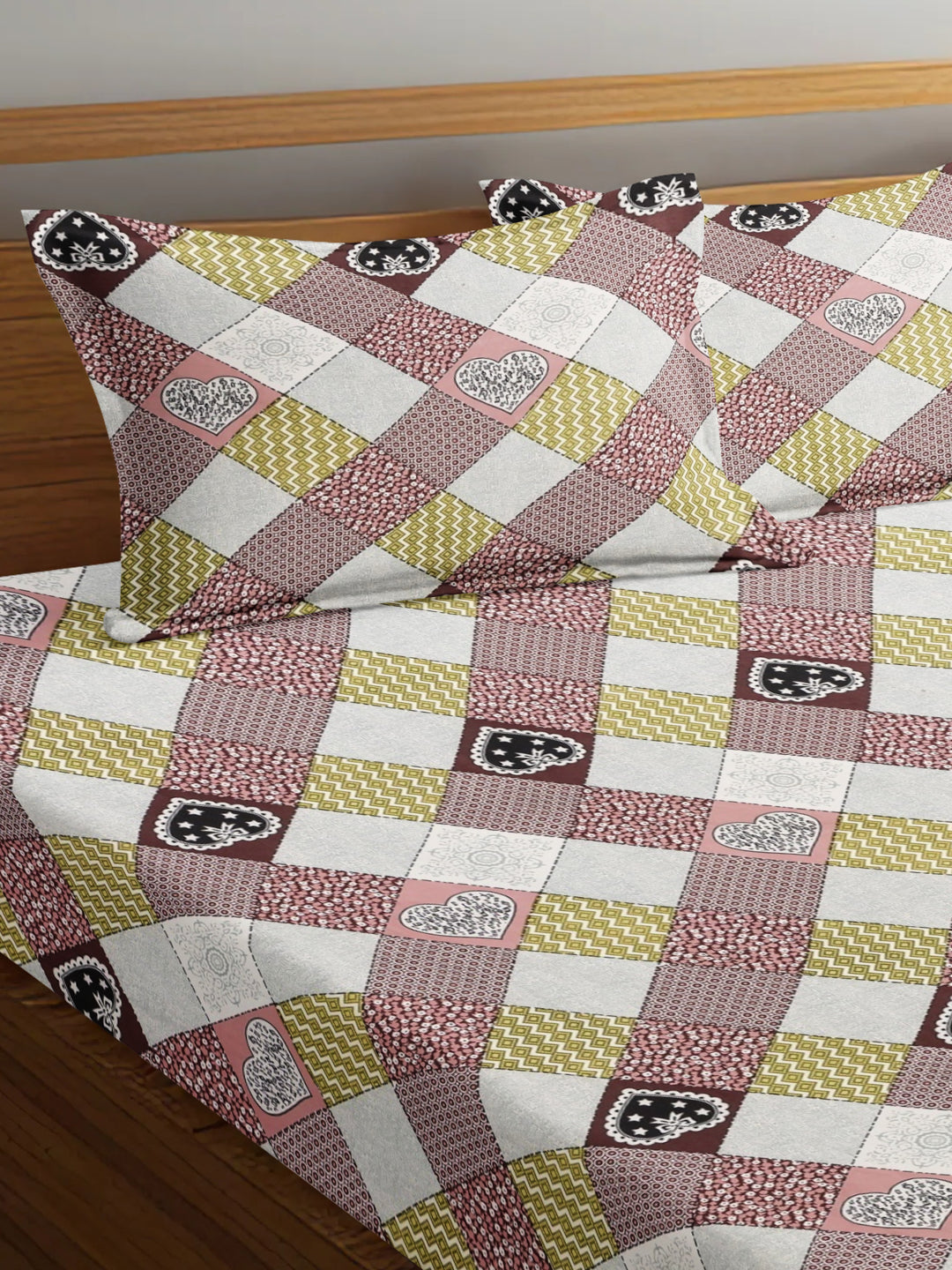 Diamond Checks 210 TC Cotton Blend Elastic Fitted Queen Bedsheet