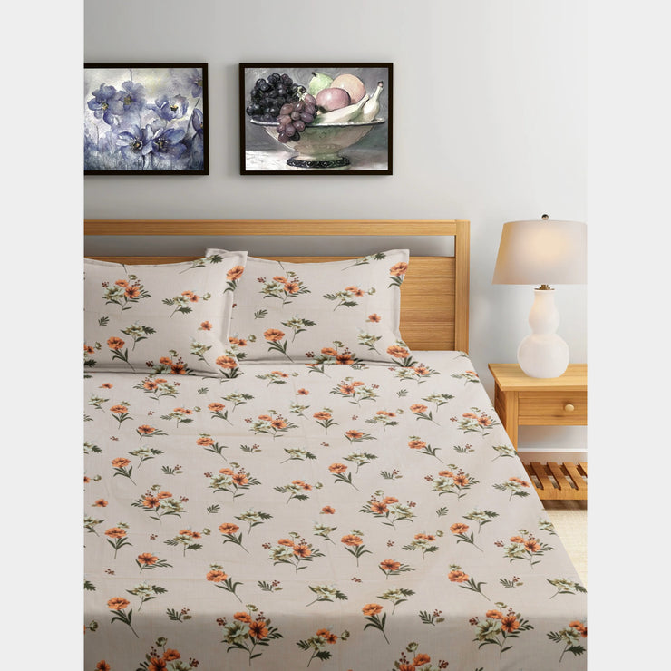 Off White Sunflower Cotton Blend Elastic Fitted Queen Bedsheet