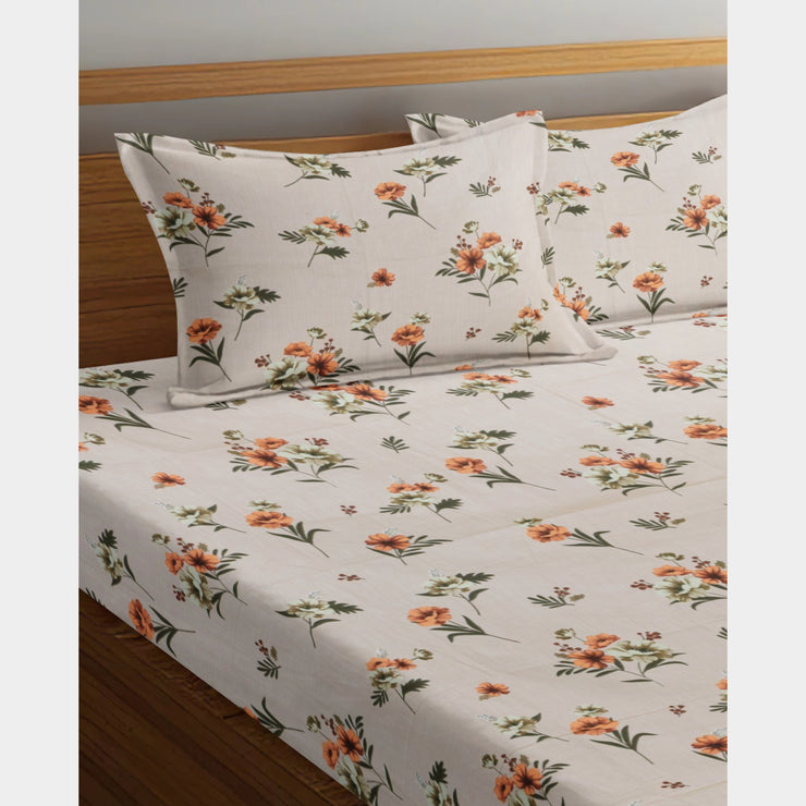 Off White Sunflower Cotton Blend Elastic Fitted Queen Bedsheet