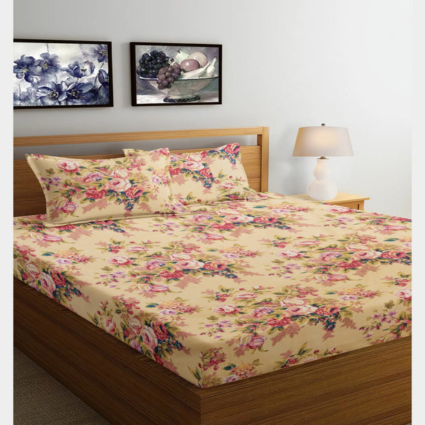 Bunch of Roses Cotton Blend Elastic Fitted Queen Bedsheet