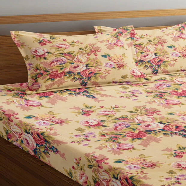 Bunch of Roses Cotton Blend Elastic Fitted Queen Bedsheet
