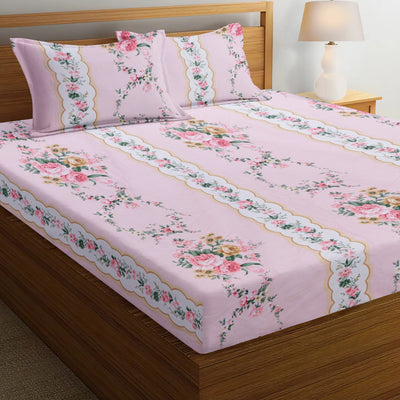 Pink Bloom Contrast Cotton Blend Super King Bedsheet with 2 Pillow Covers (108x108 inches)