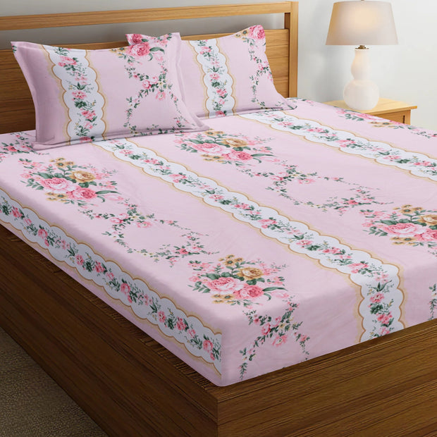 Pink Bloom Contrast Cotton Blend Super King Bedsheet with 2 Pillow Covers (108x108 inches)