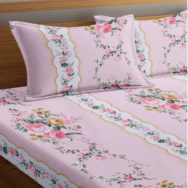 Pink Boom Floral Cotton Blend Elastic Fitted King Bedsheet