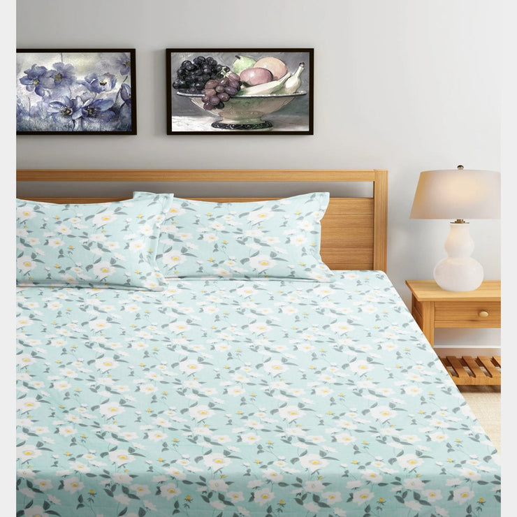 Aqua Flower Cotton Blend Elastic Fitted Queen Bedsheet