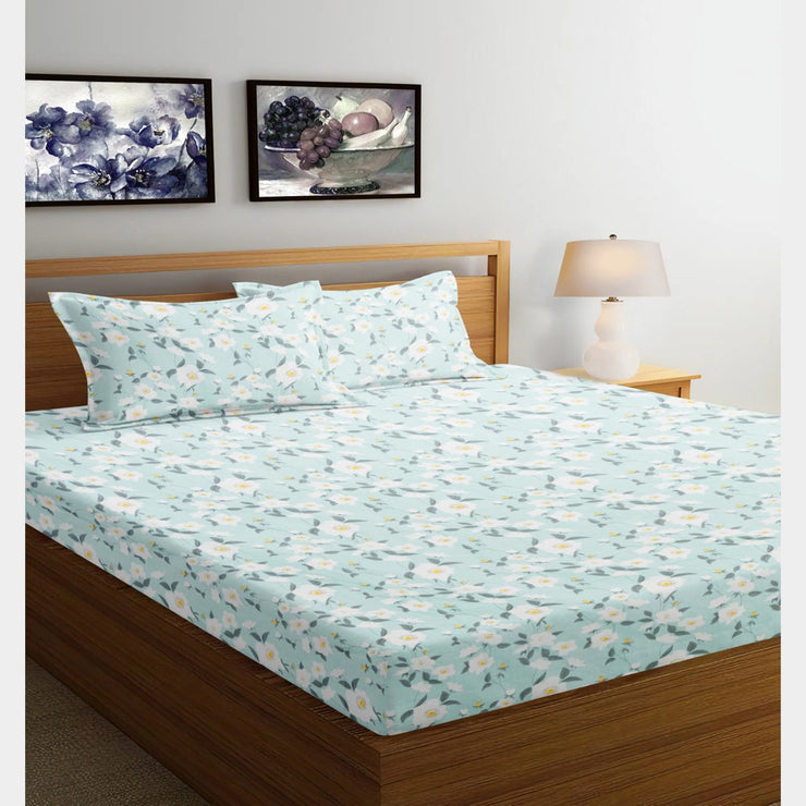 Aqua Flower Cotton Blend Elastic Fitted Queen Bedsheet