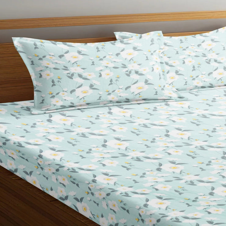 Aqua Flower Cotton Blend Elastic Fitted Queen Bedsheet