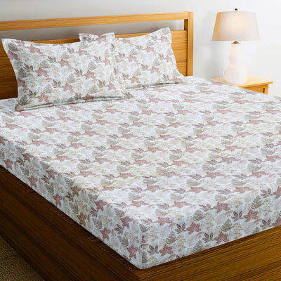 Summer Prints Premium 100% Cotton Elastic Fitted Bedsheet - Beige