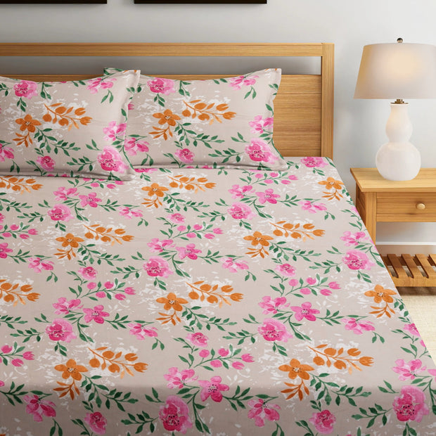 Verdant Blooms Cotton Blend Elastic Fitted Queen Bedsheet