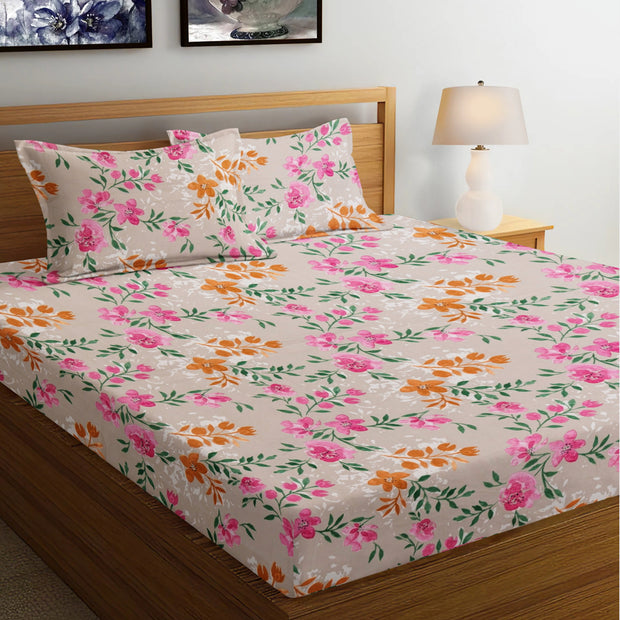 Verdant Blooms Cotton Blend Elastic Fitted Queen Bedsheet