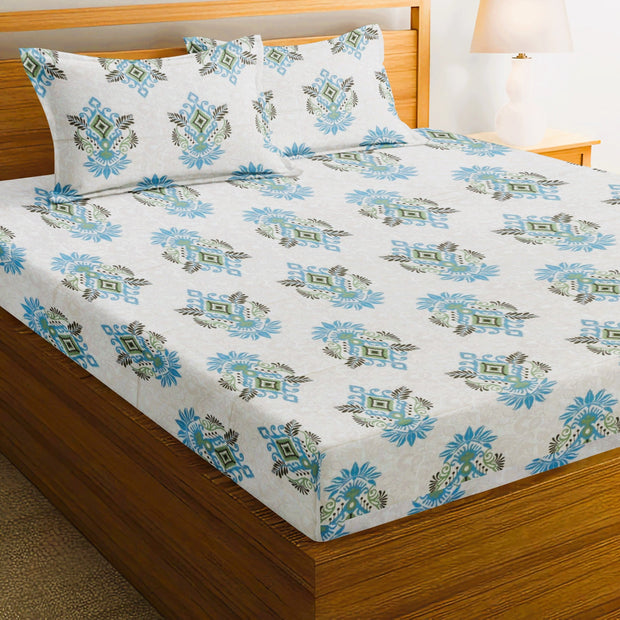 Summer Vibes Premium 100% Cotton Elastic Fitted Bedsheet - Blue