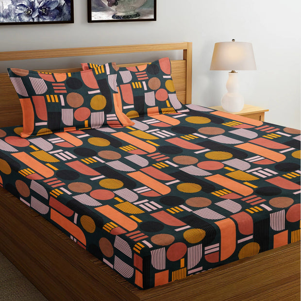 Multicolor Trail Cotton Blend Elastic Fitted Queen Bedsheet