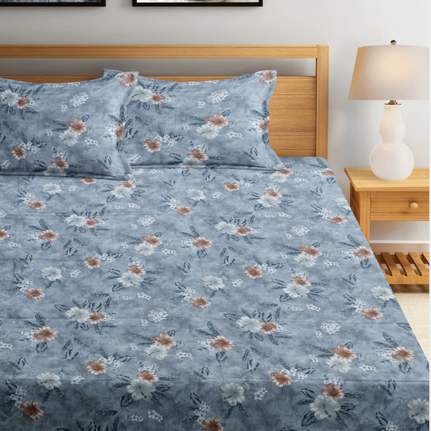 Autumn Glow Premium 100% Cotton Elastic Fitted Bedsheet  - Blue