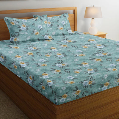 Autumn Glow Premium 100% Cotton Elastic Fitted Bedsheet  - Aqua