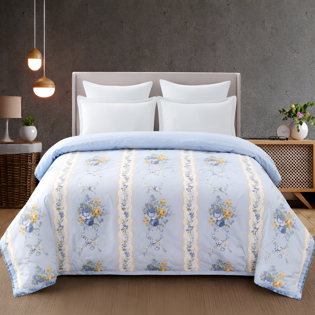 Blue Floral Stripe 180 GSM AC Room Reversible Double Bed Comforter