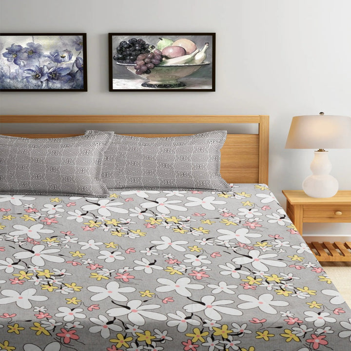Ash Flower Cotton Blend Elastic Fitted King Bedsheet
