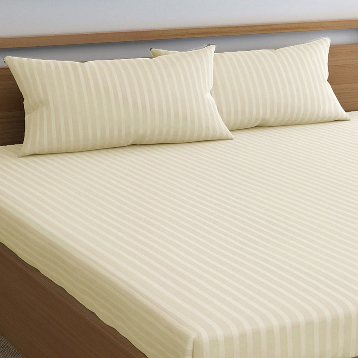 Cream Satin Stripes Elastic Fitted Cotton Blend King Bedsheet