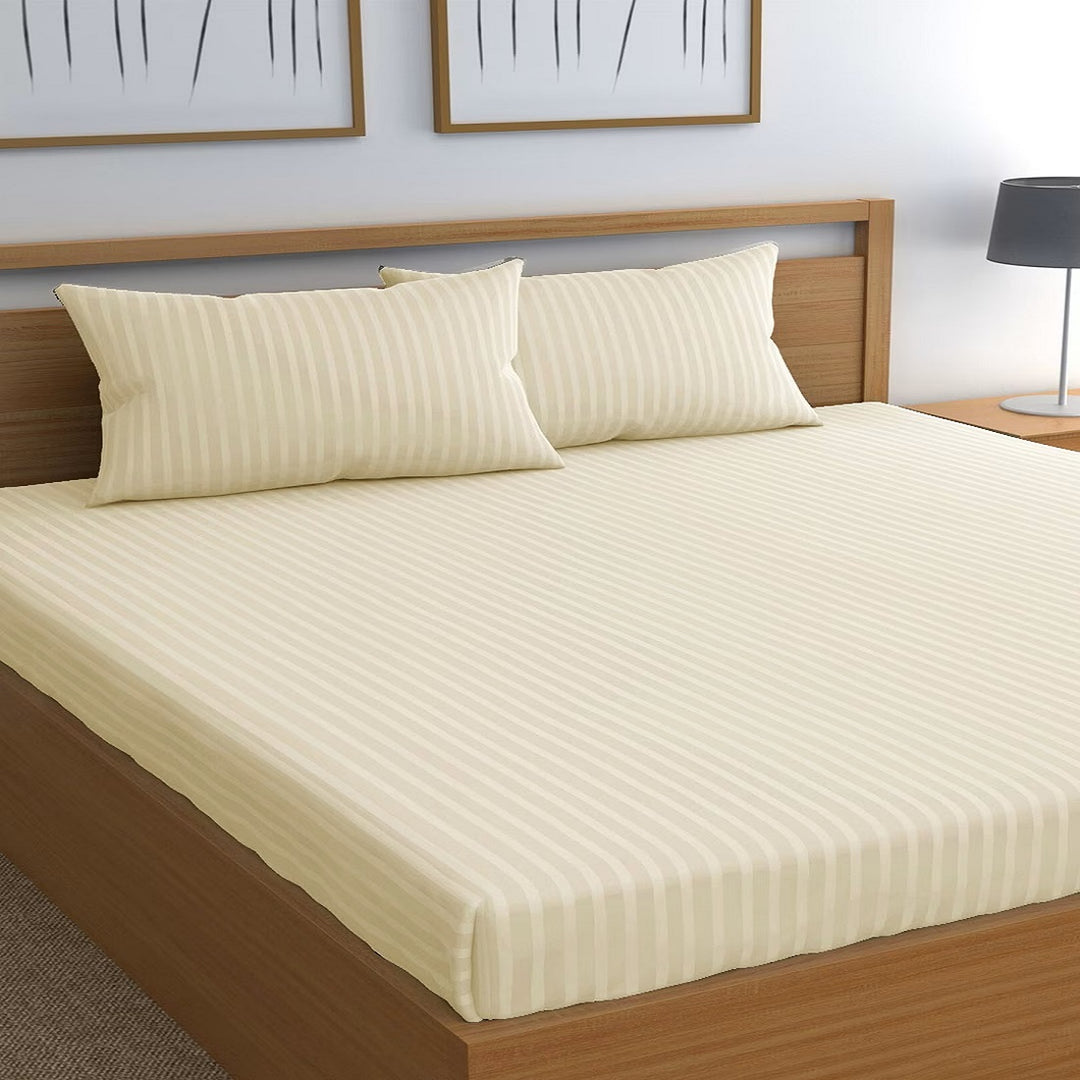 Cream Satin Stripes Elastic Fitted Cotton Blend King Bedsheet
