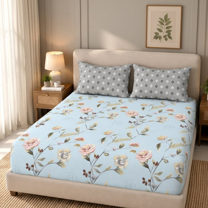 Bloom Veil Cotton Blend Super King Bedsheet with 2 Pillow Covers (108x108 inches)