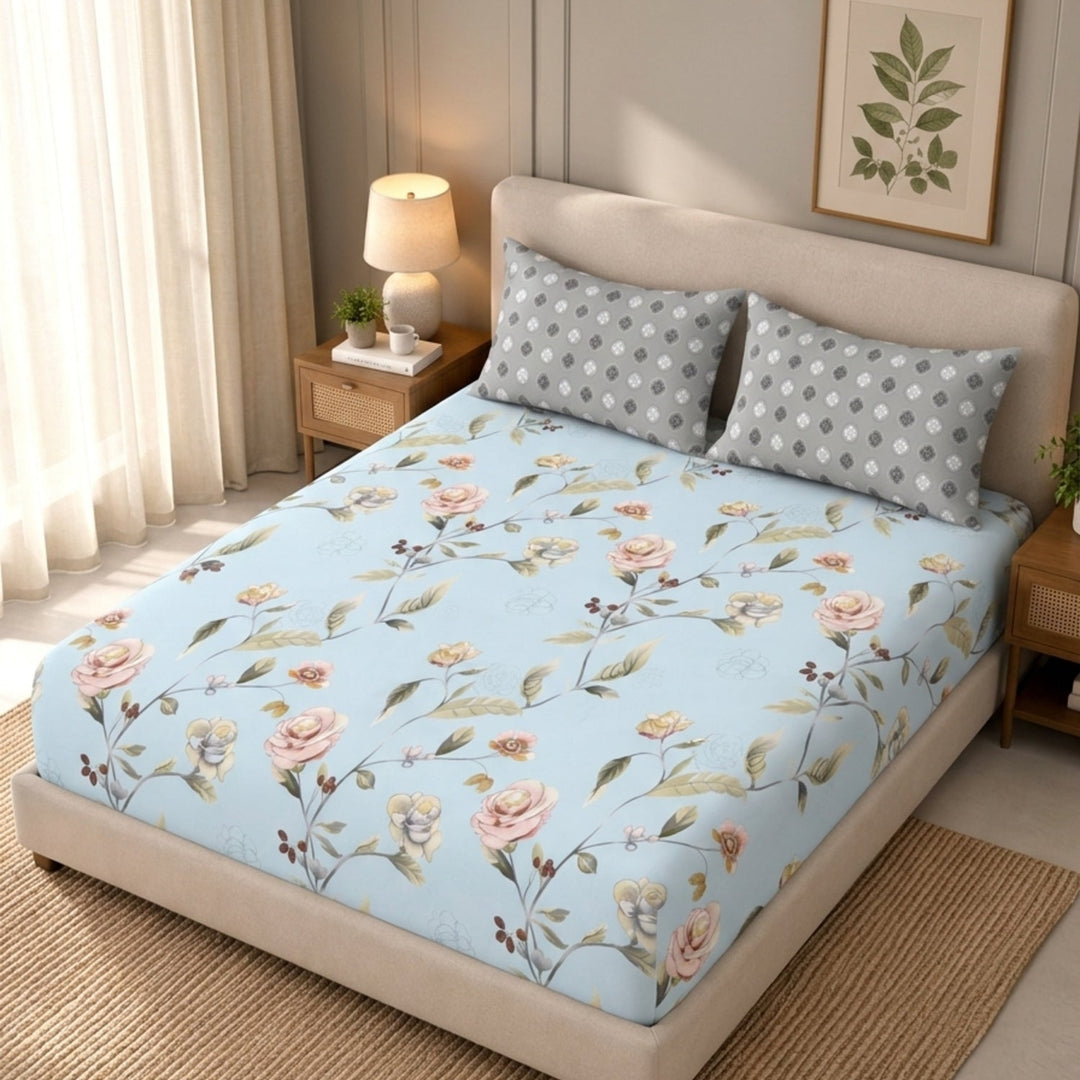 Bloom Veil Cotton Blend Super King Bedsheet with 2 Pillow Covers (108x108 inches)