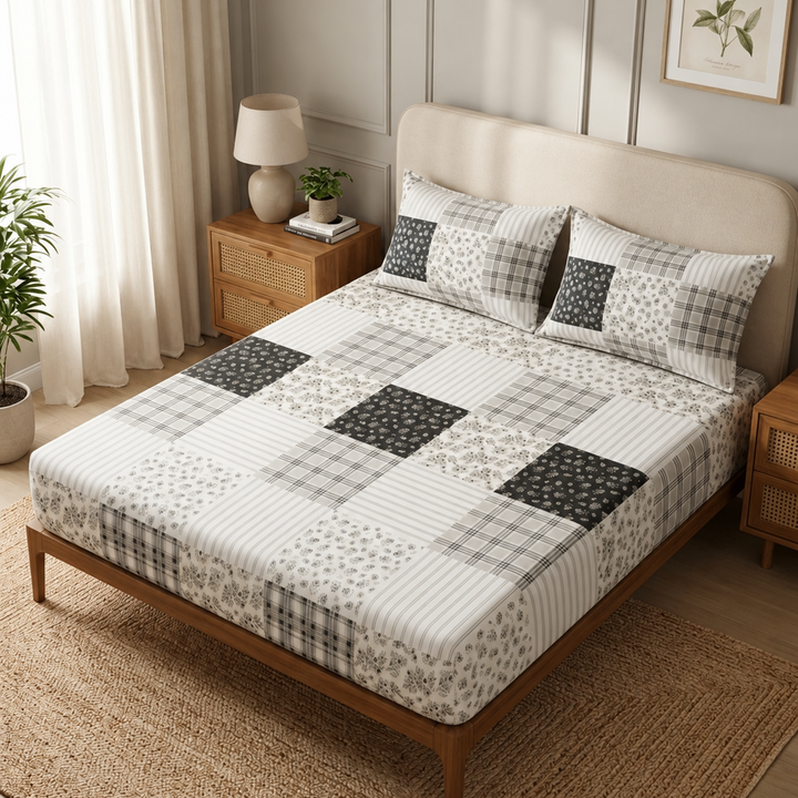 Same Floral Checks Cotton Blend Super King Bedsheet with 2 Pillow Covers (108x108 inches)
