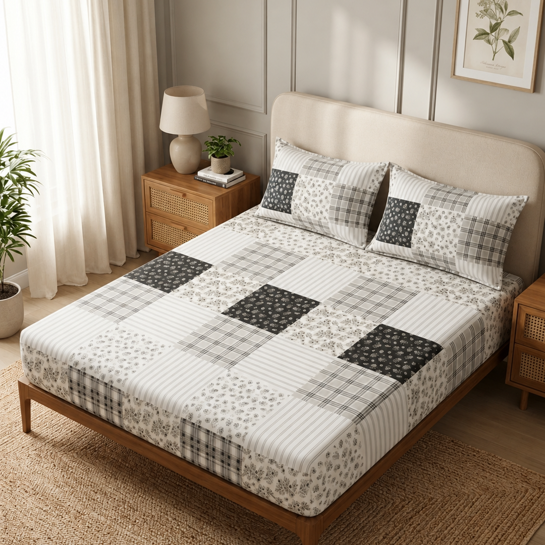 Same Floral Checks Cotton Blend Elastic Fitted King Bedsheet