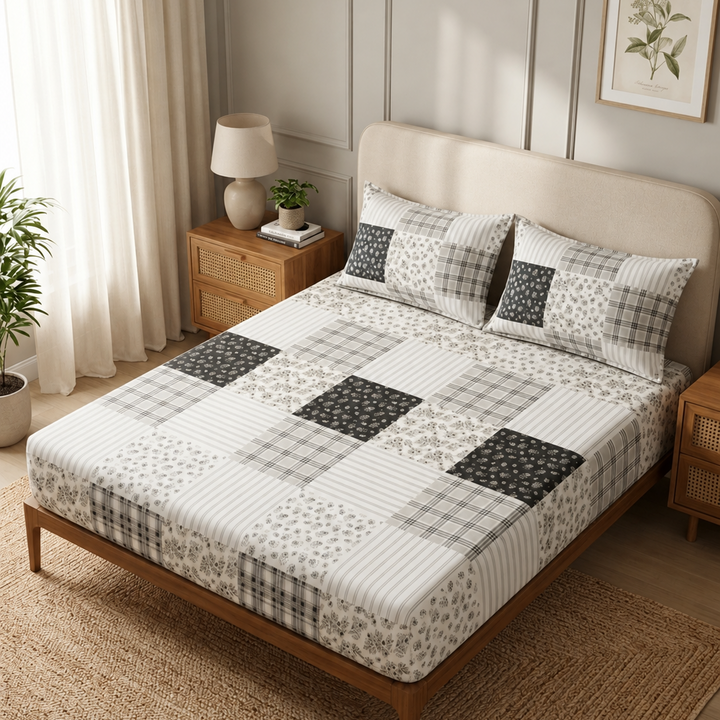 Same Floral Checks Cotton Blend Elastic Fitted King Bedsheet