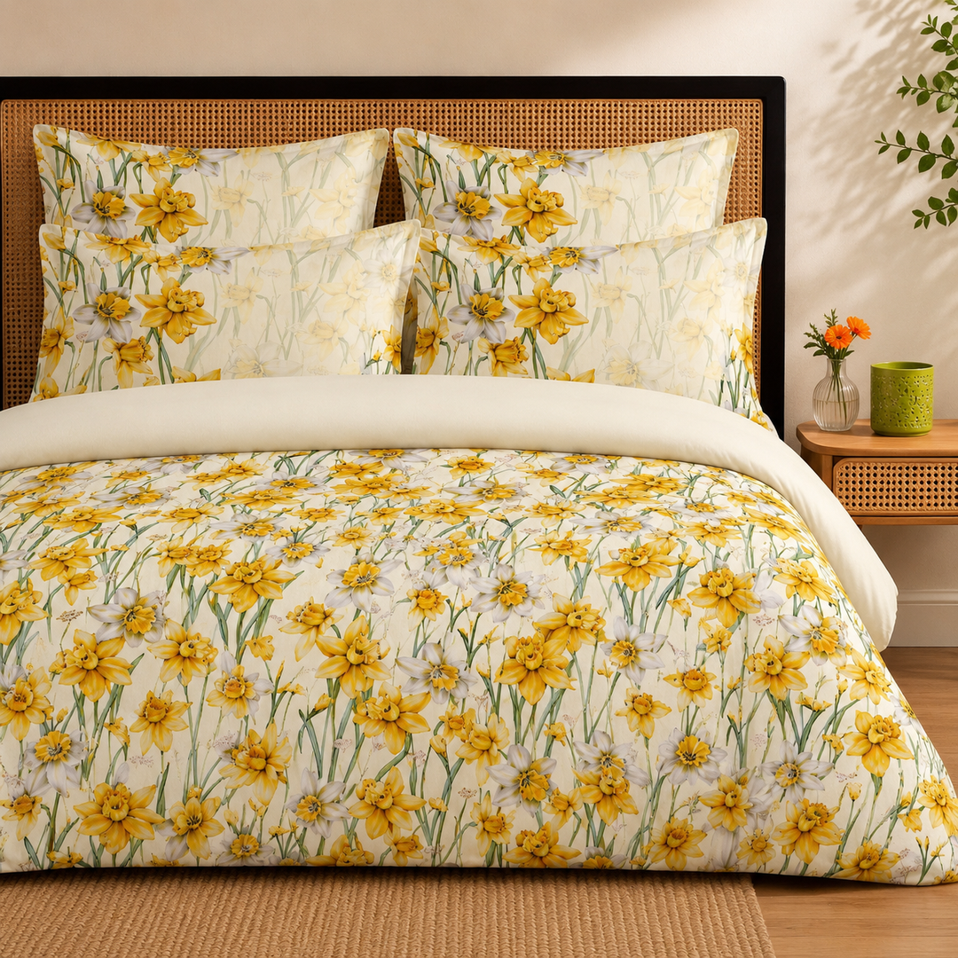 Sunlit Daffodils Cotton King Bedsheet - 250 TC