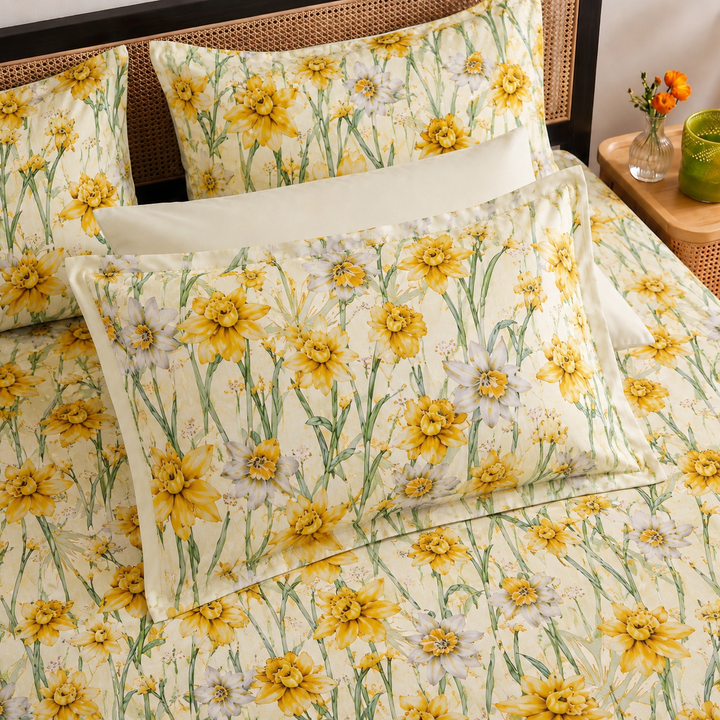 Sunlit Daffodils Cotton King Bedsheet - 250 TC