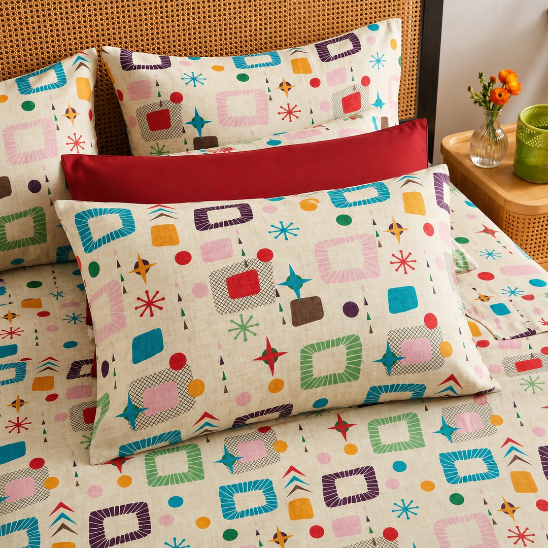 Retro Doodle Cotton King Bedsheet - 250 TC