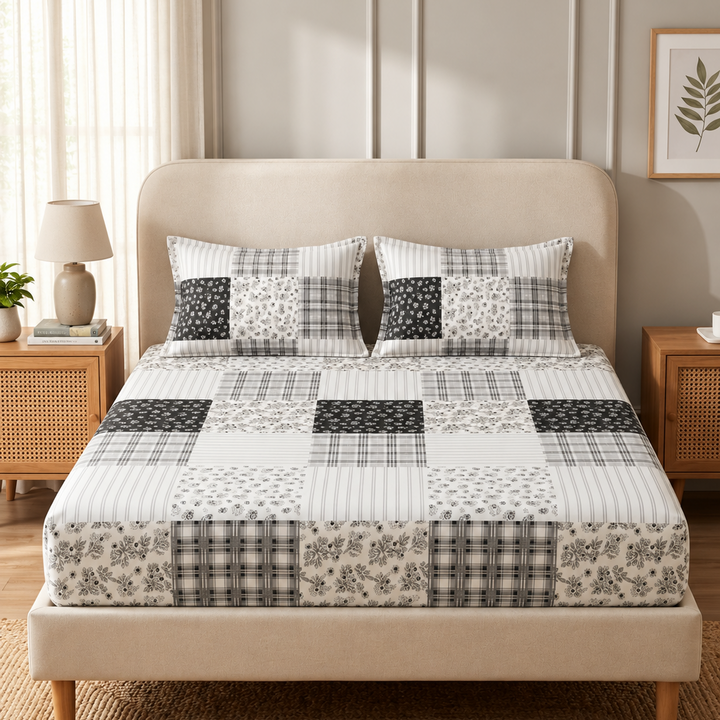 Same Floral Checks Cotton Blend Super King Bedsheet with 2 Pillow Covers (108x108 inches)