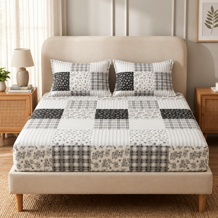 Same Floral Checks Cotton Blend Elastic Fitted King Bedsheet