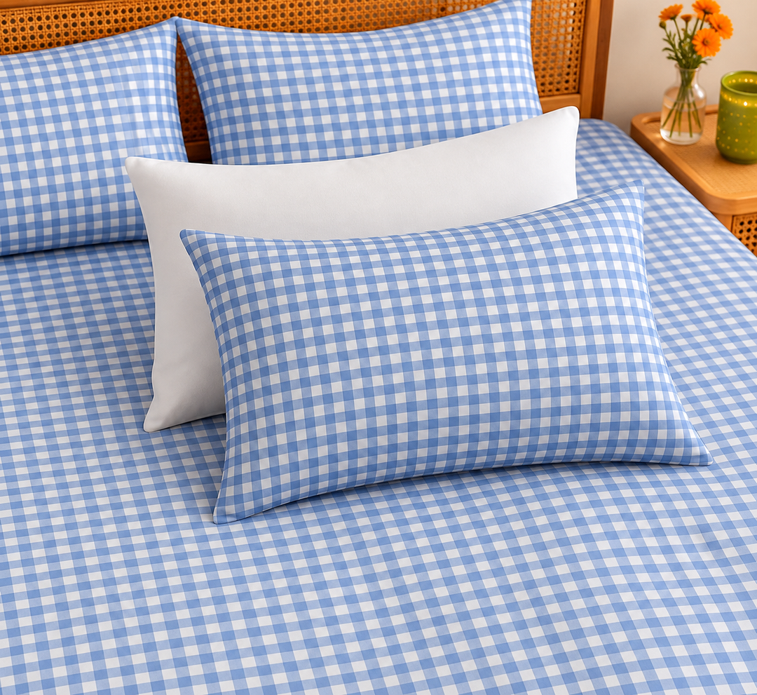 Checkered Blue Cotton King Bedsheet - 250 TC