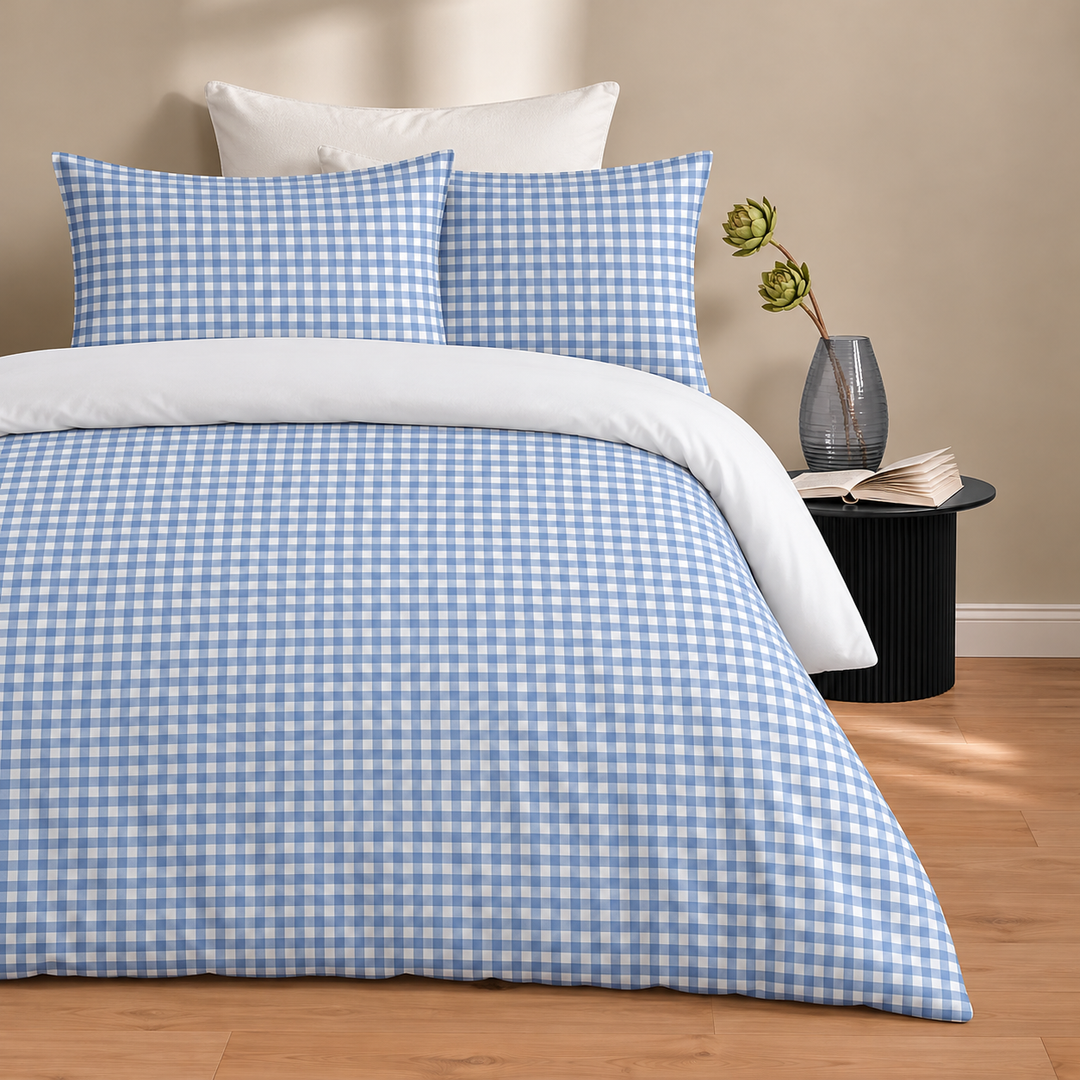 Checkered Blue Cotton King Bedsheet - 250 TC