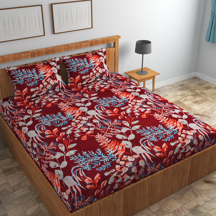 Red Jungle Cotton Blend Elastic Fitted King Bedsheet