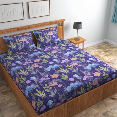 Twilight Bloom Cotton Blend Elastic Fitted King Bedsheet