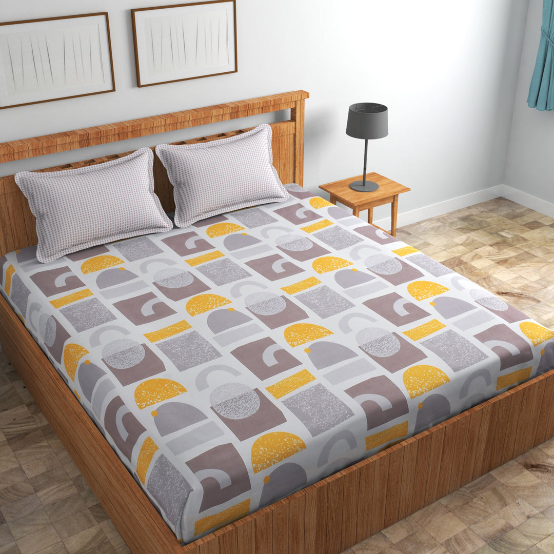 Modern Geometric Brew Cotton Blend Elastic Fitted King Bedsheet