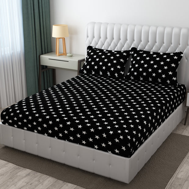 Black Star Warm Winter Flannel Fitted King Bedsheet