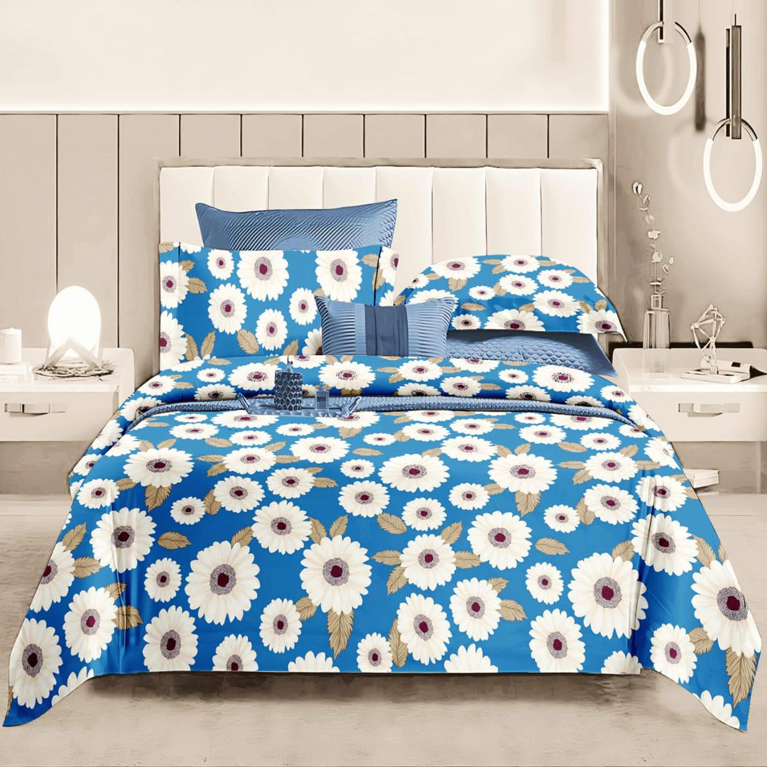 Azure Daisy Cotton Blend Elastic Fitted King Bedsheet